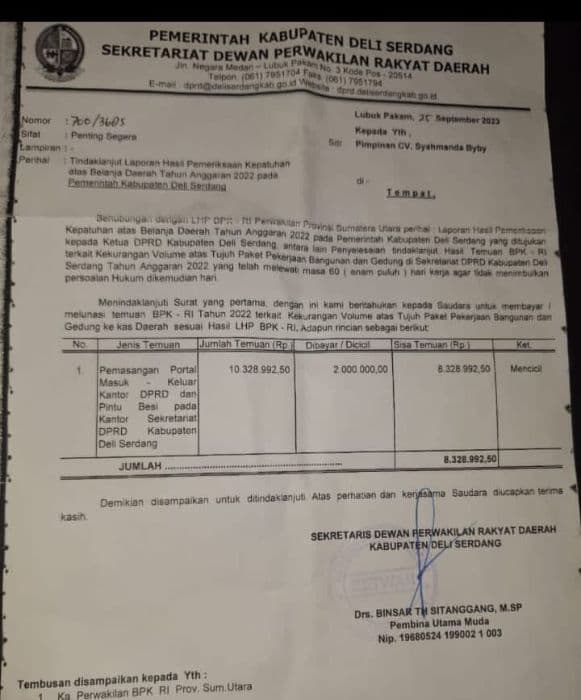 bpk_temukan_kelebihan_bayar_proyek_dprd_deli_serdang_cv_syahmanda_byby_belum_kembalikan_dana